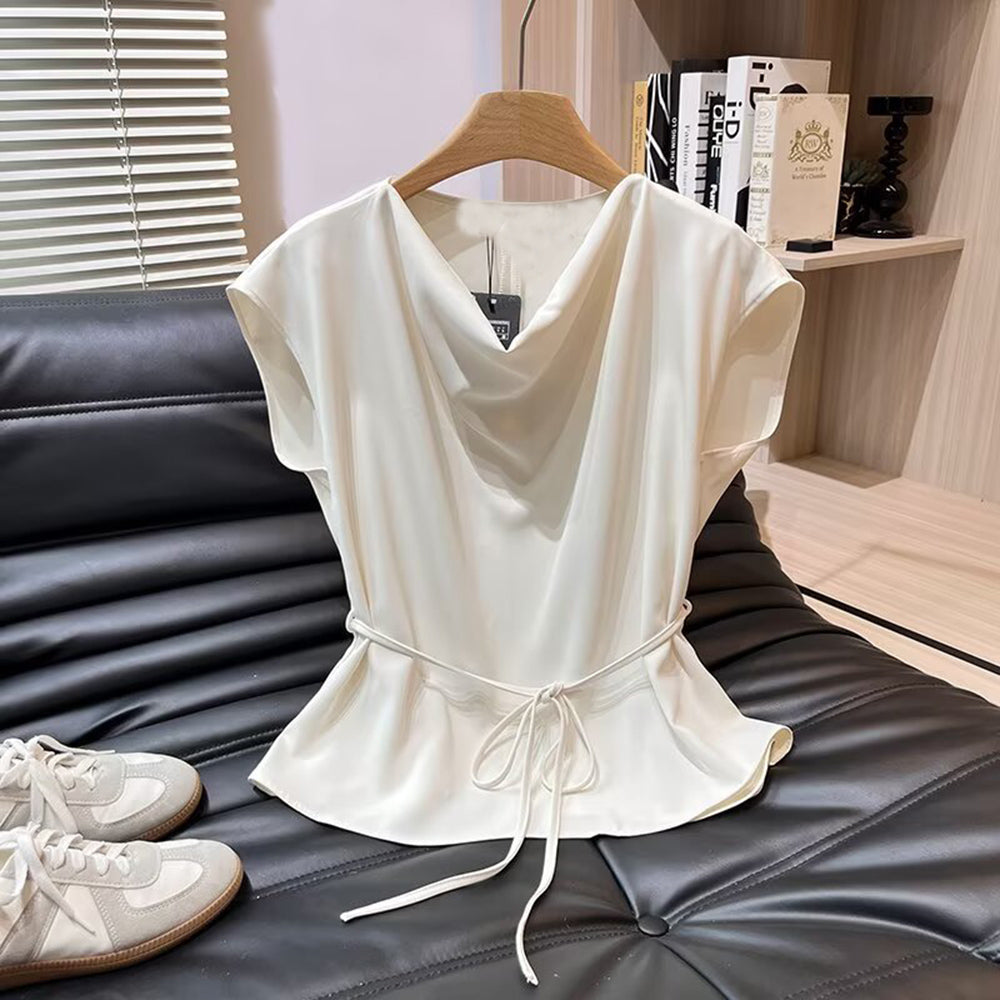 Women's New Fashion With Belt Swinging Collar Raglan Sleeve Shirt