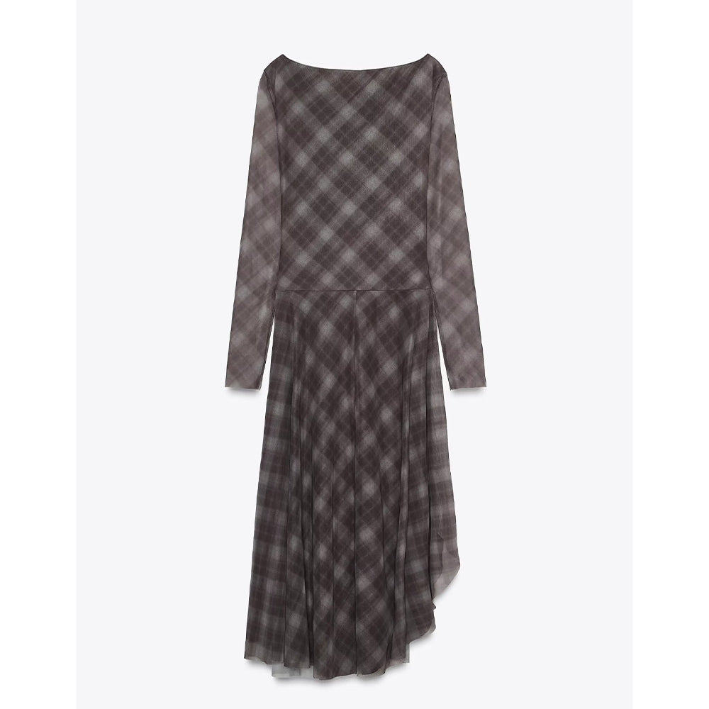 Women's 2025 New Fashion Grid tulle Asymmetric Midi Dress