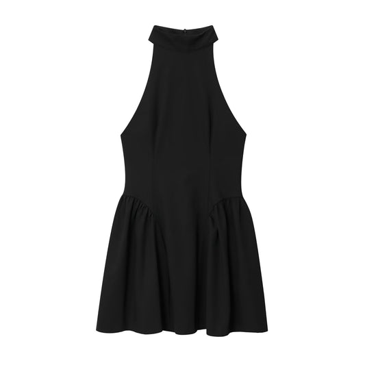 Women's new fashion sleeveless pleated halter neck mini dress