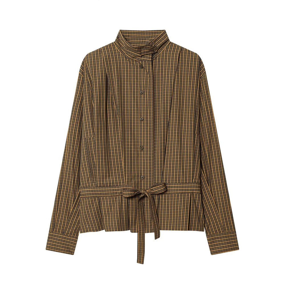 Women's bow decoration casual checkered shirt