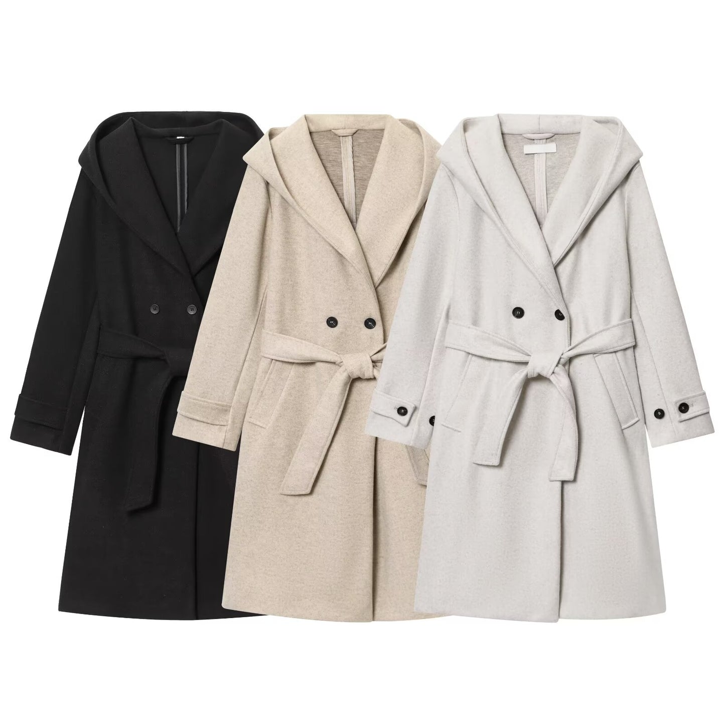 Women's with Belt loose soft texture hooded coat