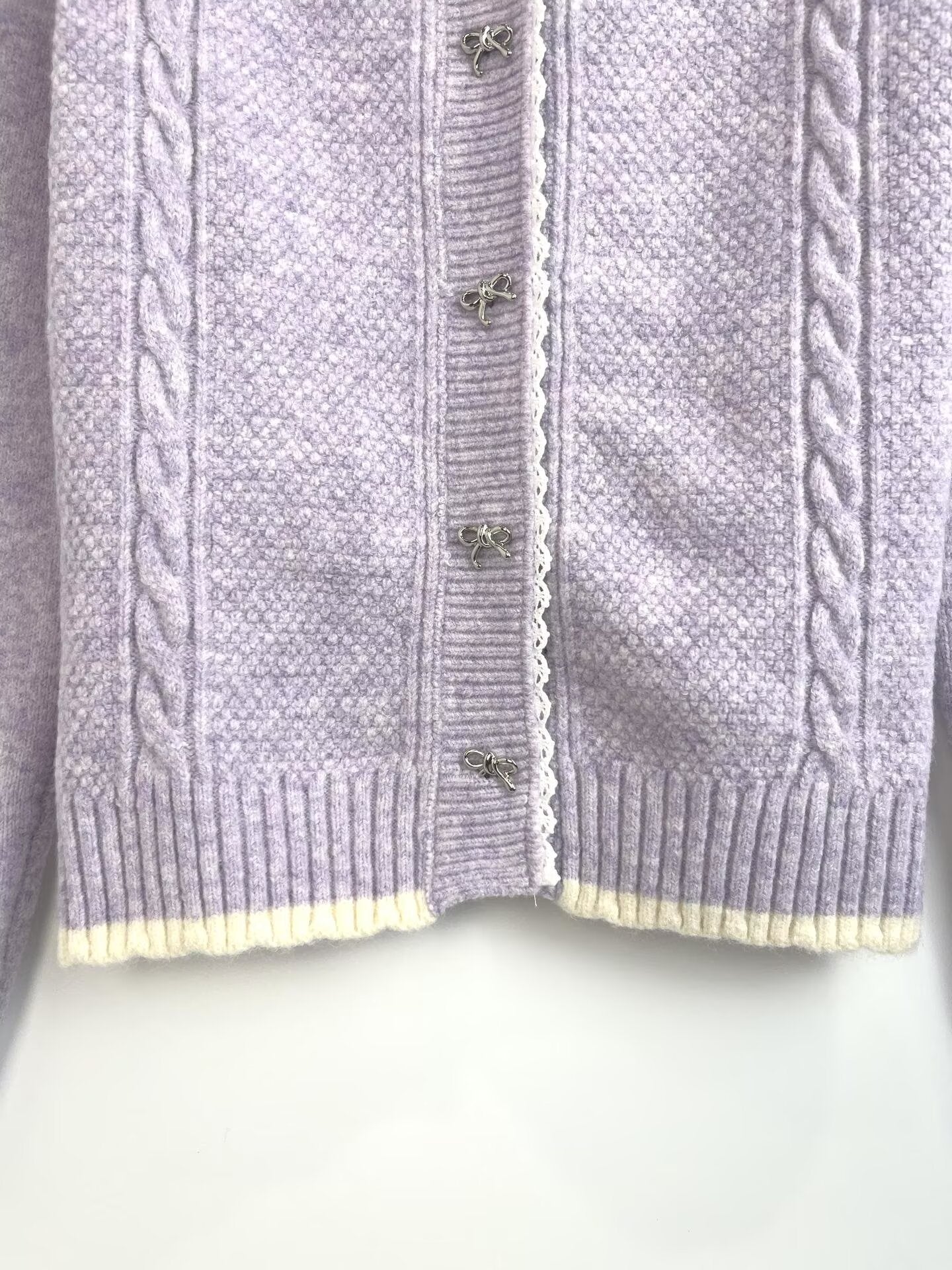 Women's new fashion patchwork lace Bow tie buckle knitted cardigan
