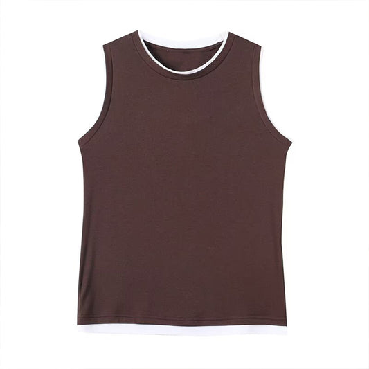 Women's New Fashion Two tone Edge O Neck Sleeveless vest T-shirt