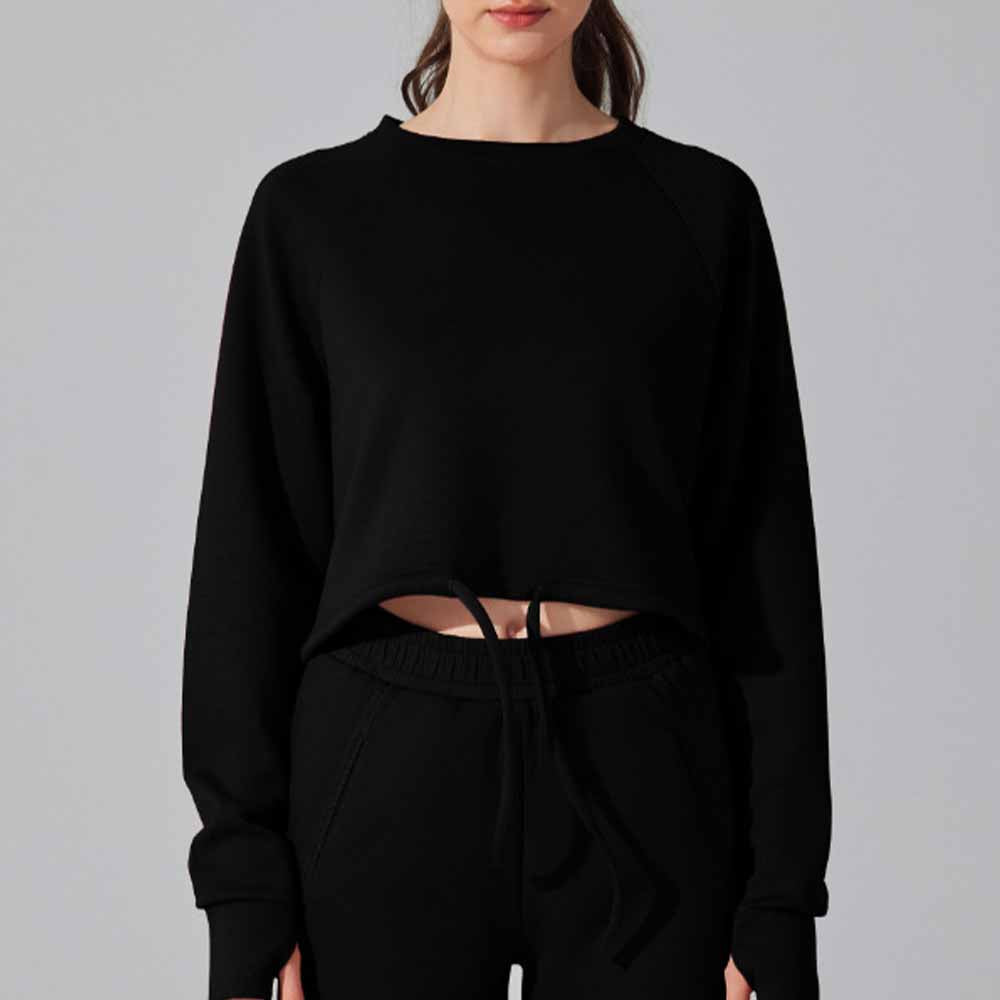 Women's New Fashion Joker Round Neck Sweater Fitness Yoga Coat Loose Long Sleeve Pilates Drawstring Coat