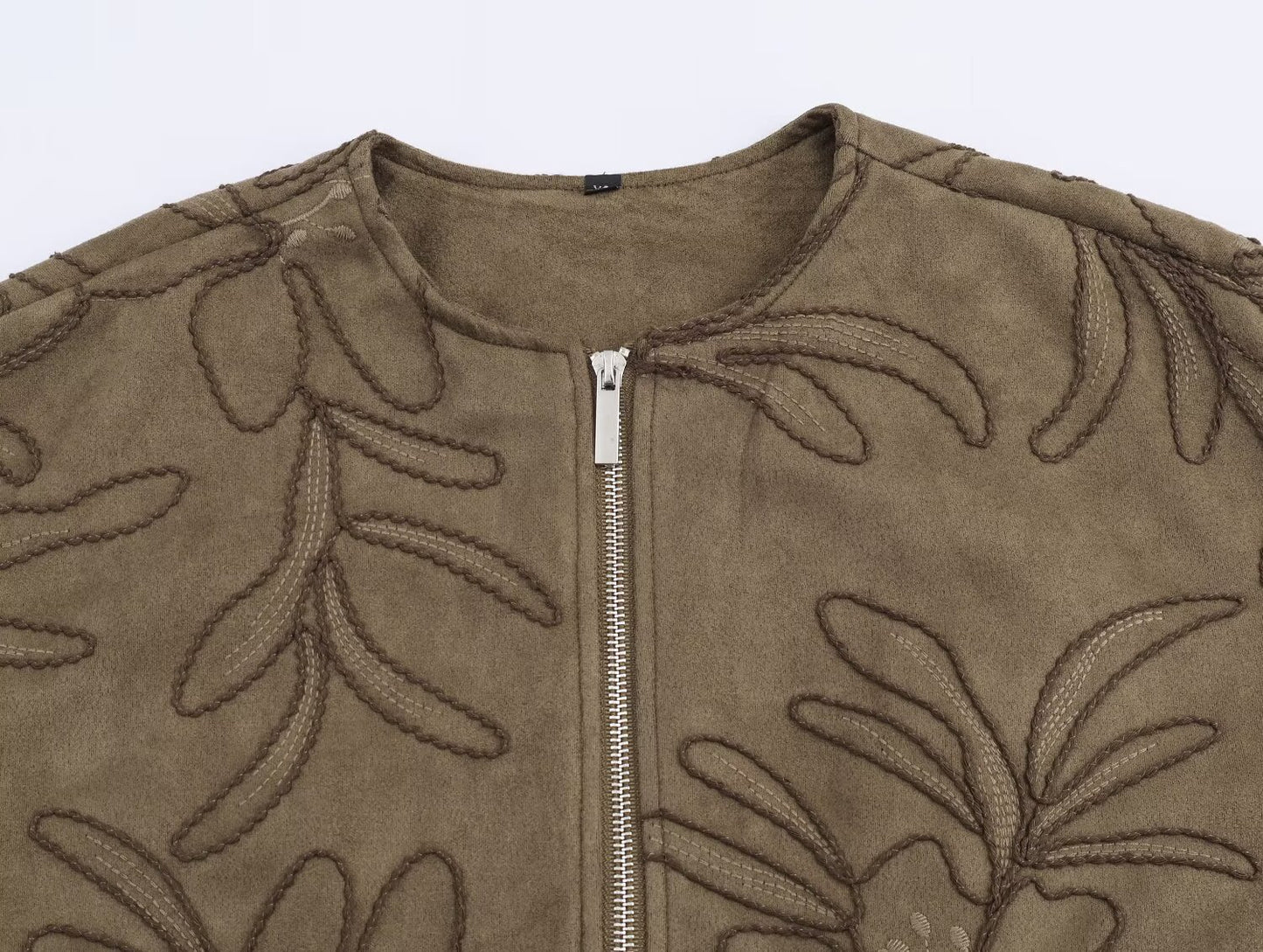 Women's embroidered suede texture O Neck pilot jacket Coat