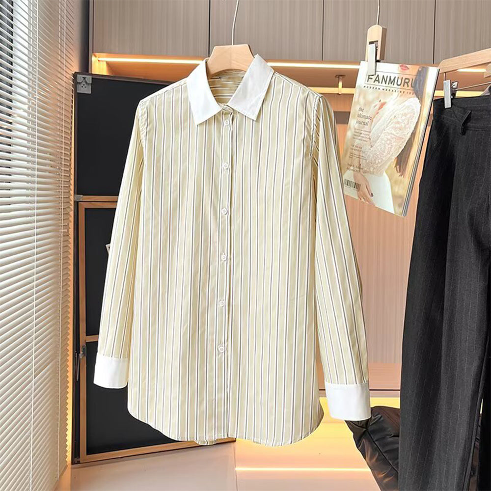 Women's new loose contrasting striped lapel shirt