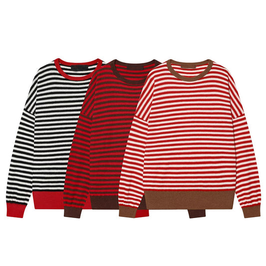 Women's loose O Neck striped knitted sweater