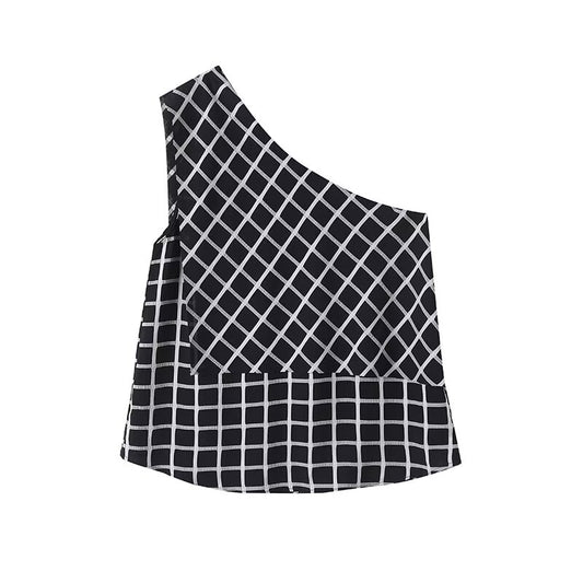 Women's new fashion plaid sloping shoulder sleeveless top