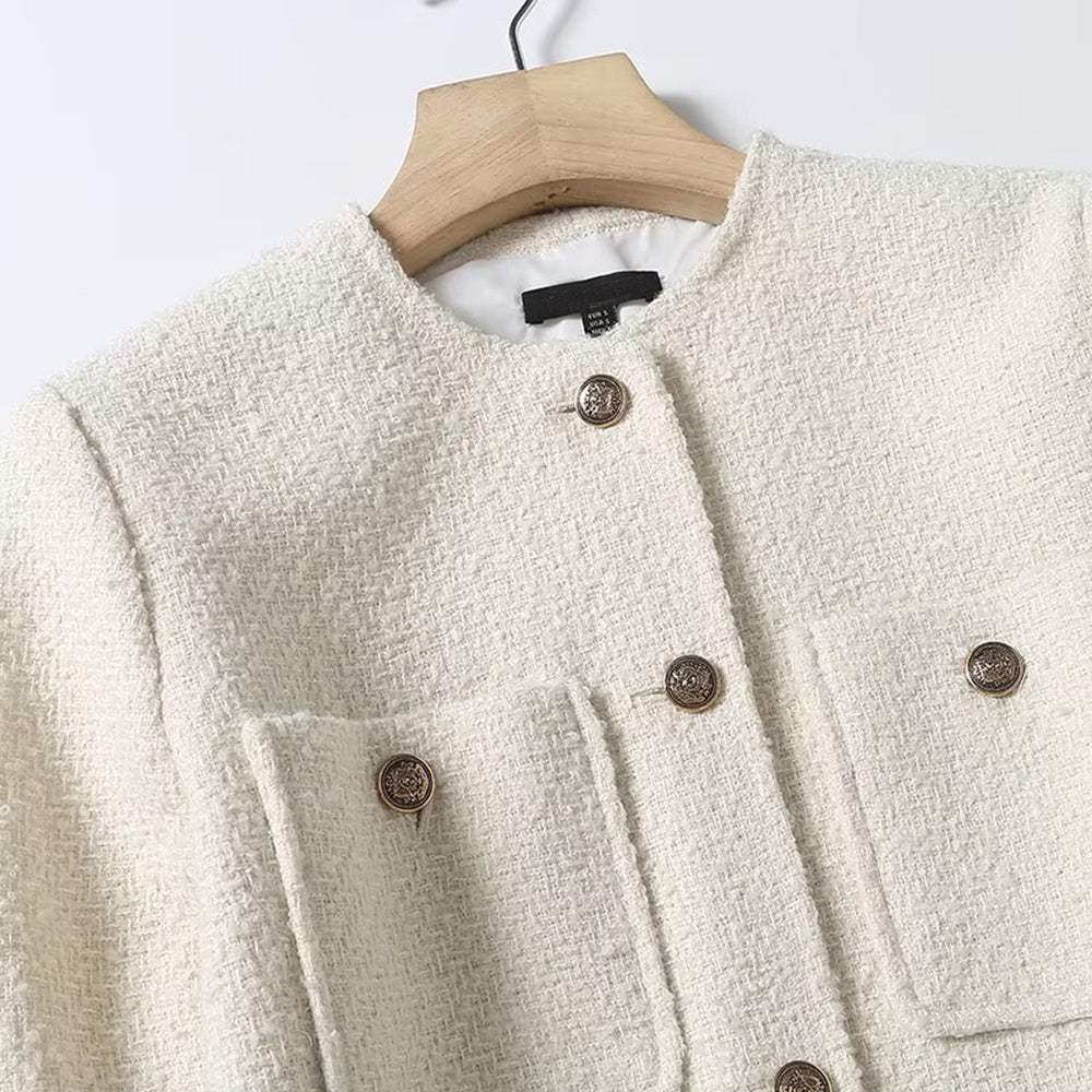 Women's gold button decoration casual O Neck Coat