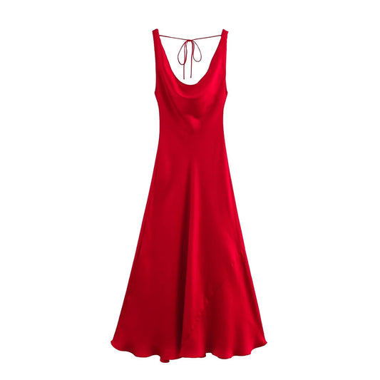 Women's new Fashion pleated decoration sexy slim fit satin texture backless Midi dress retro sleeveless lace up women's dress Mujer