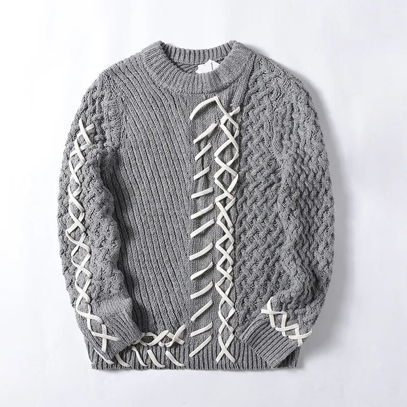 Men's New Fashion, Leisure, Loose Version, Contrast Color Round Tie, Knitted Wool Sweater, Retro Bottoming Sweater, Sweater.