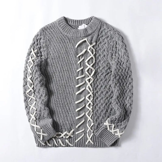 Men's New Fashion, Leisure, Loose Version, Contrast Color Round Tie, Knitted Wool Sweater, Retro Bottoming Sweater, Sweater.