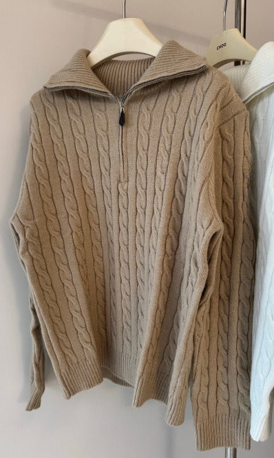 New loose-fitting cable knit cotton half-zip knit sweater