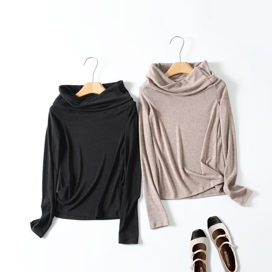 Women's new elastic slim off shoulder long sleeved T-shirt