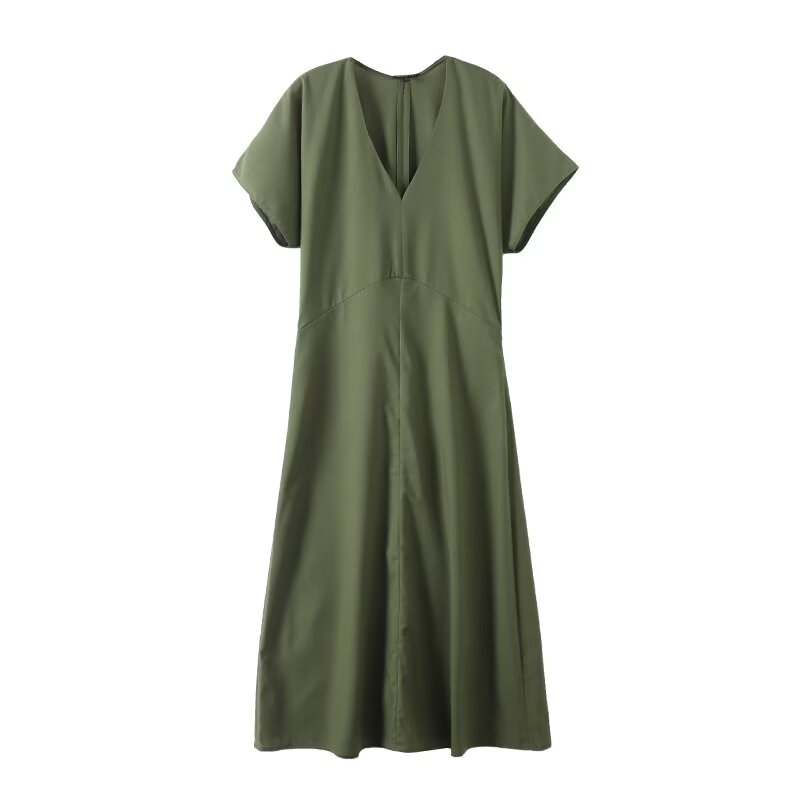 Women's new fashion short sleeved linen blended V-neck MIDI dress