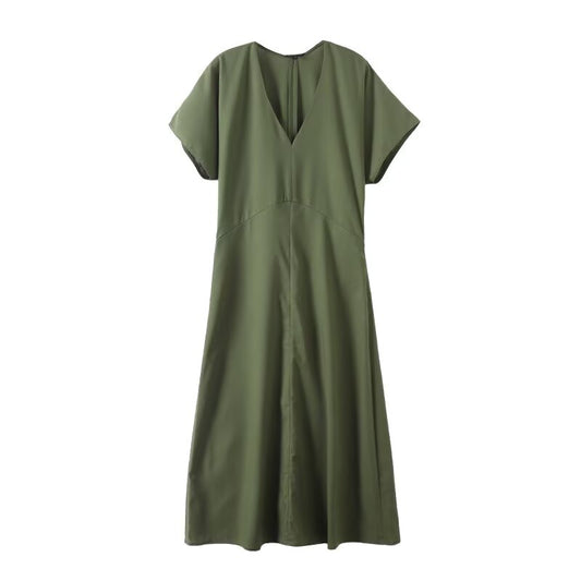 Women's new fashion short sleeved linen blended V-neck MIDI dress