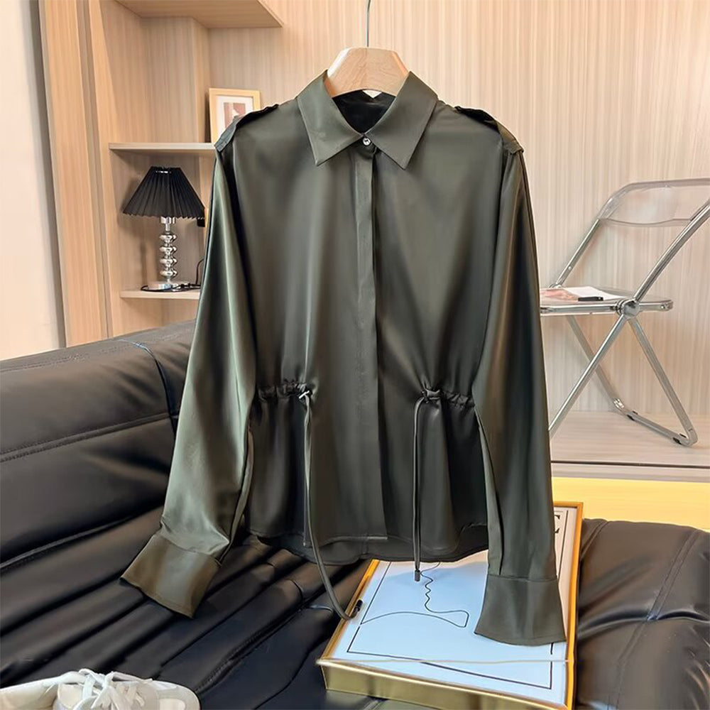 Women's 2025 new fashion with drawstring long sleeved shirt
