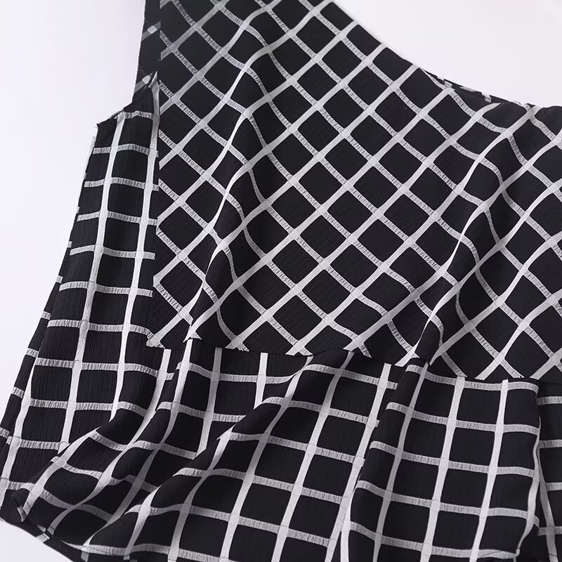 Women's new fashion plaid sloping shoulder sleeveless top