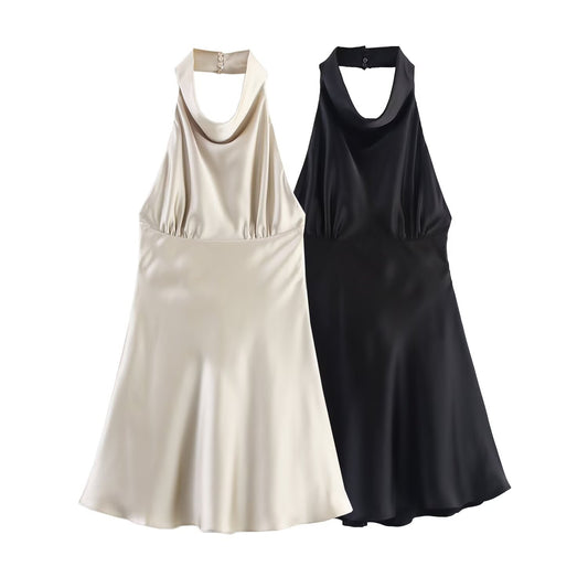Women's new fashion backless bow decoration satin texture mini dress