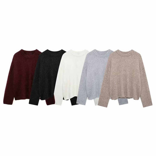 Women's new fashion multi-color loose versatile casual warm O Neck knitted sweater retro long sleeved women's pullover chic top