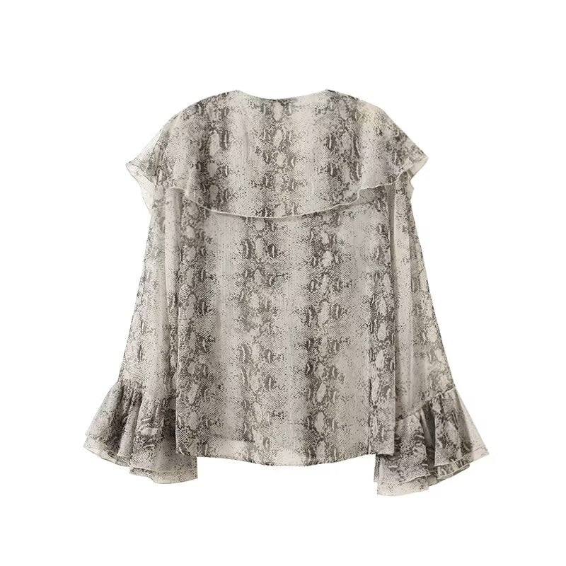 Women's 2025 new fashion printed striped Ruffled V-neck shirt