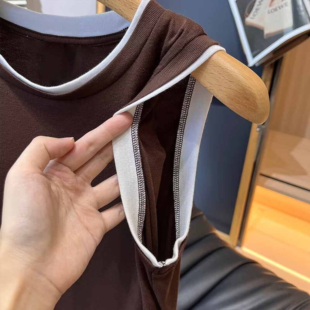 Women's New Fashion Two tone Edge O Neck Sleeveless vest T-shirt