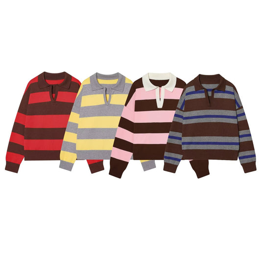 Women's soft texture striped knitted polo shirt