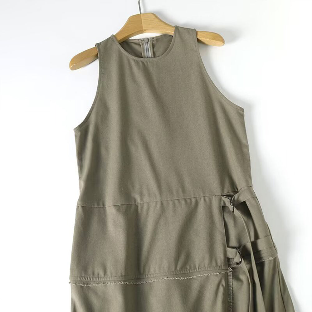 Women's new fashion ribbon decoration sleeveless linen blended MIDI dress