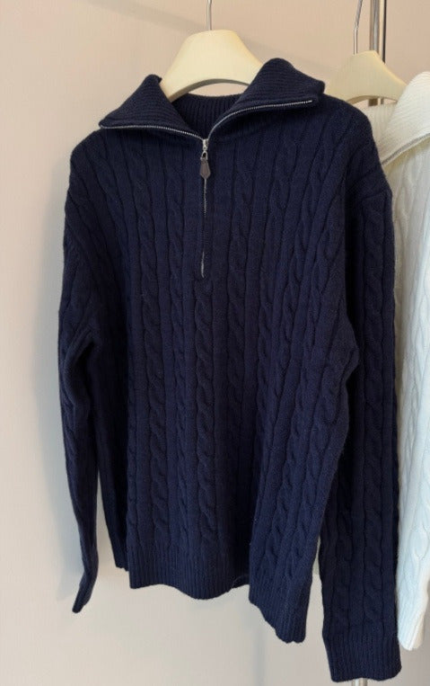 New loose-fitting cable knit cotton half-zip knit sweater