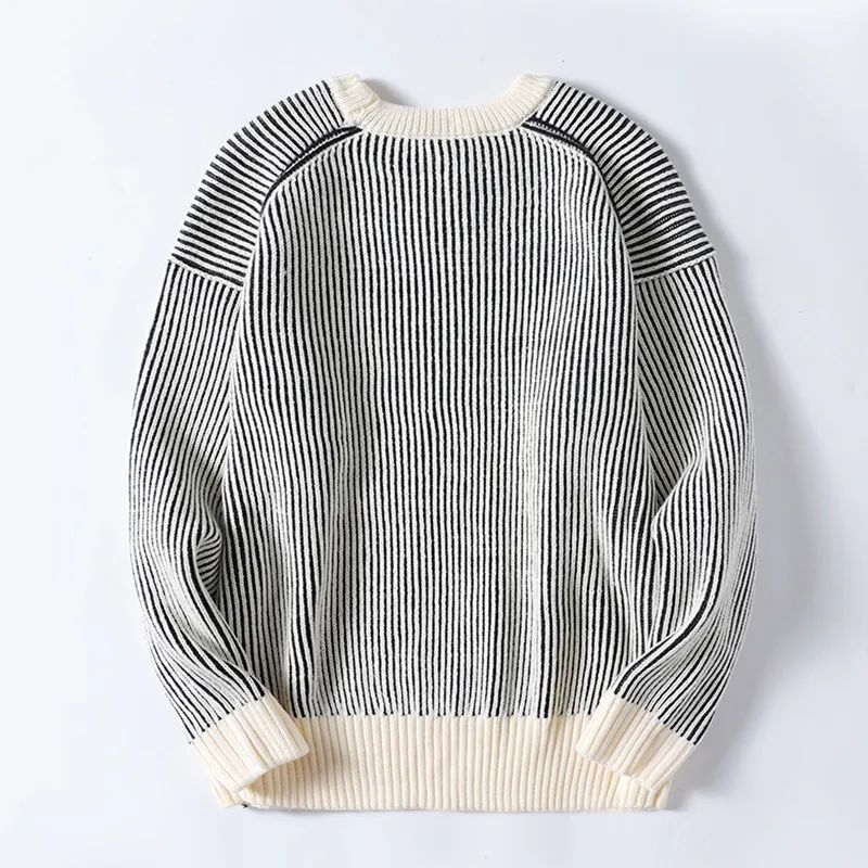 Men's New Fashion and Leisure Joker Striped Contrast Retro Loose Round Neck New Sweater Pullover Autumn and Winter Lazy Sweater