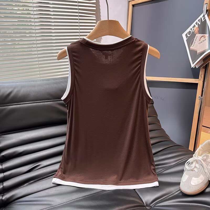 Women's New Fashion Two tone Edge O Neck Sleeveless vest T-shirt