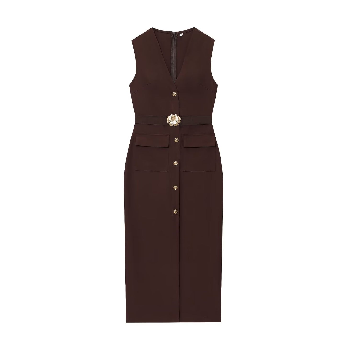 Women's New Fashion With Belt Sleeveless V-neck Midi Dress