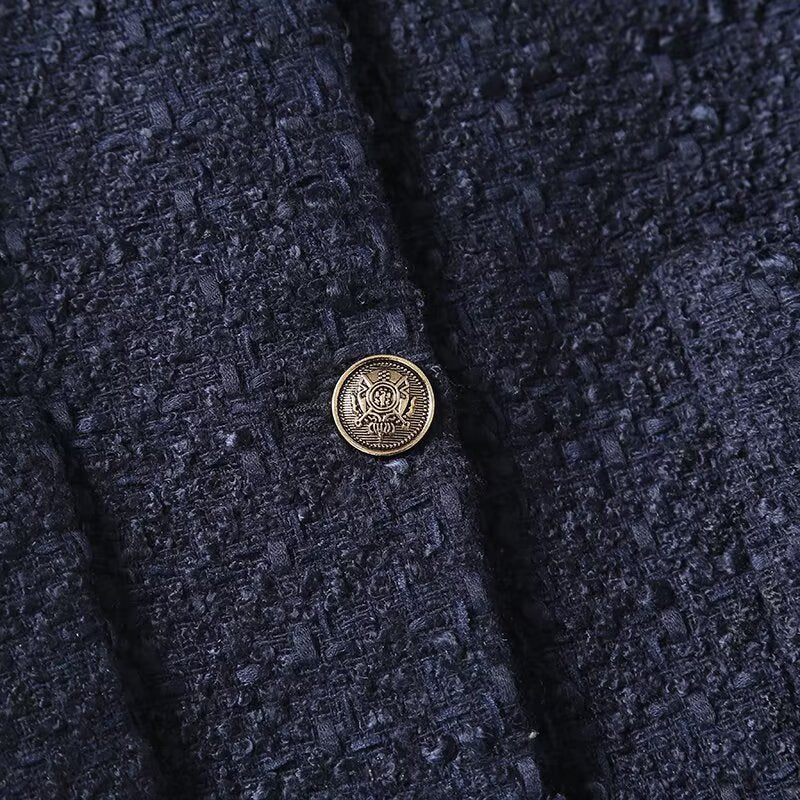 Women's gold button decoration short O Neck textured Coat