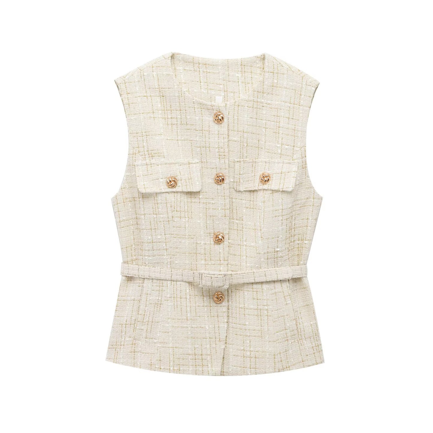 Women's new fashion with Belt bead decoration sleeveless textured vest