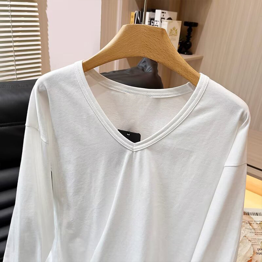 Women's new fashion cotton V-neck knitted long sleeved T-shirt