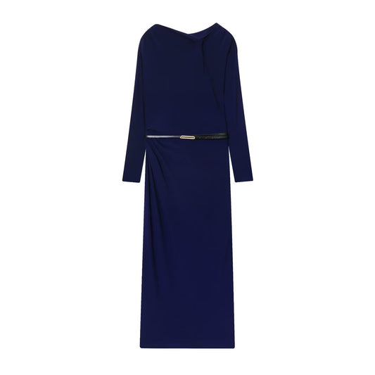 Women's New Fashion With Belt Long Sleeve Pleated Midi dress