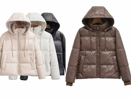 Women's hooded Faux Leather cotton jacket Coat