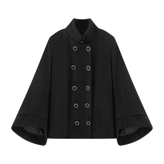 Women's standing collar double breasted batwing sleeve woolen coat