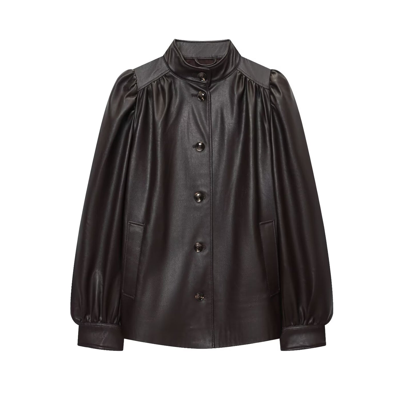 Women's pleated design stand collar faux leather jacket Coat