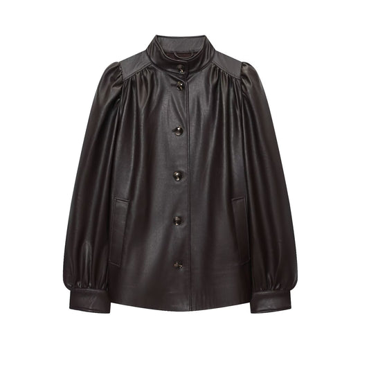 Women's pleated design stand collar faux leather jacket Coat