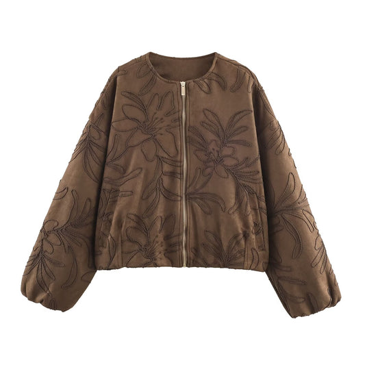 Women's embroidered suede texture O Neck pilot jacket Coat