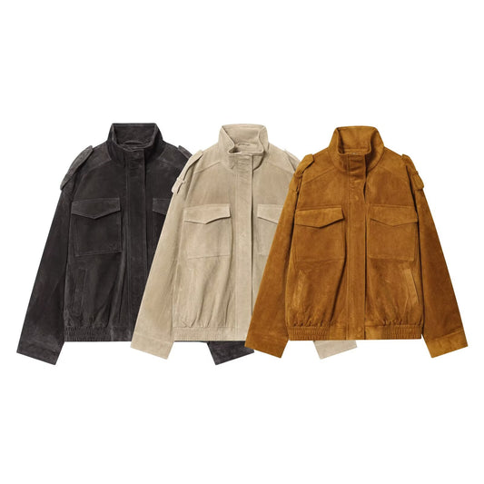 Women's new fashion loose stand collar suede textured leather jacket