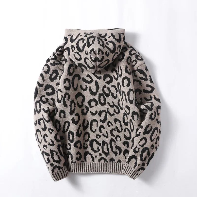 Men's New Fashion Casual Leopard Jacquard Knitted Zipper Hooded Long Sleeve Knitted Coat