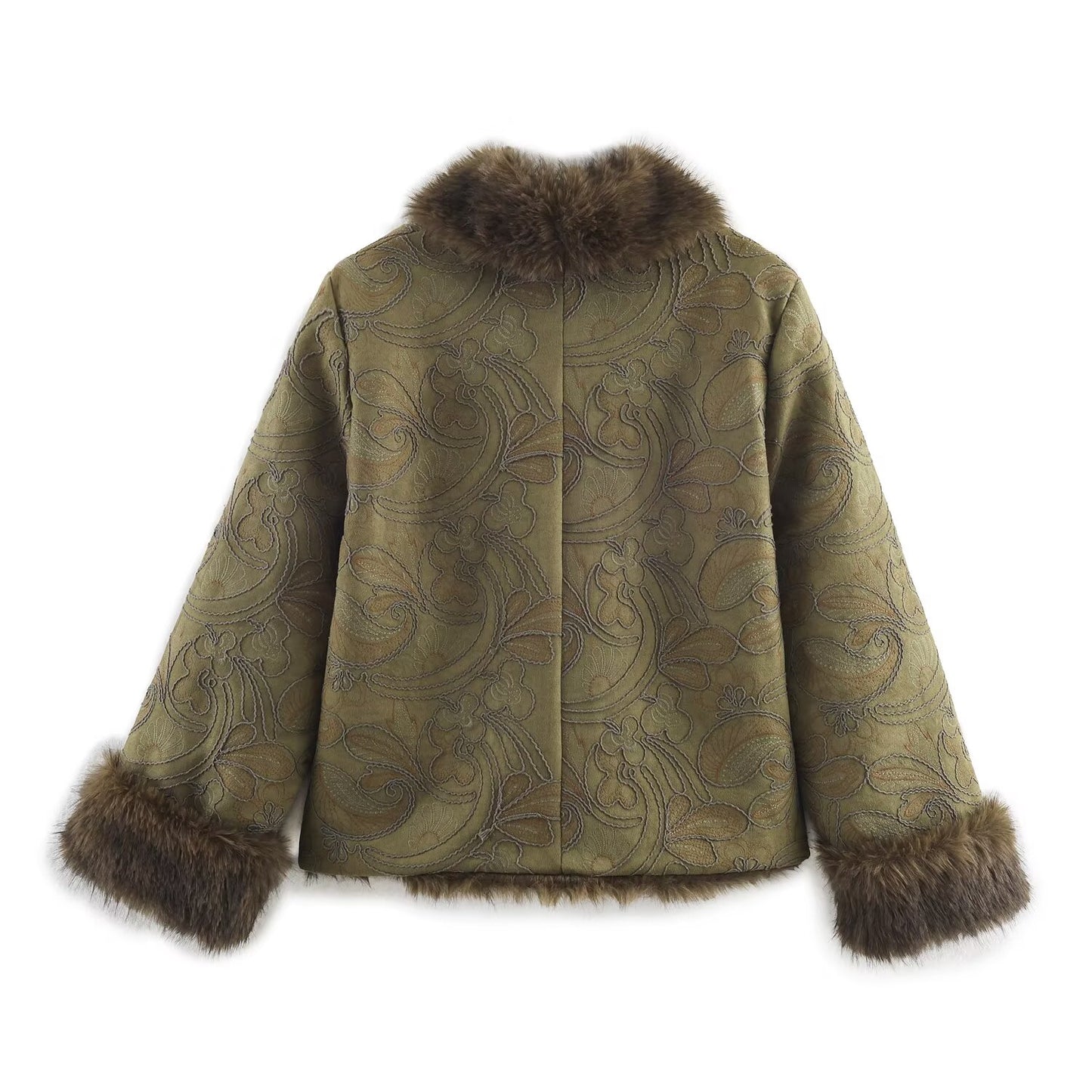 Women's artificial fur effect double-sided embroidered coat