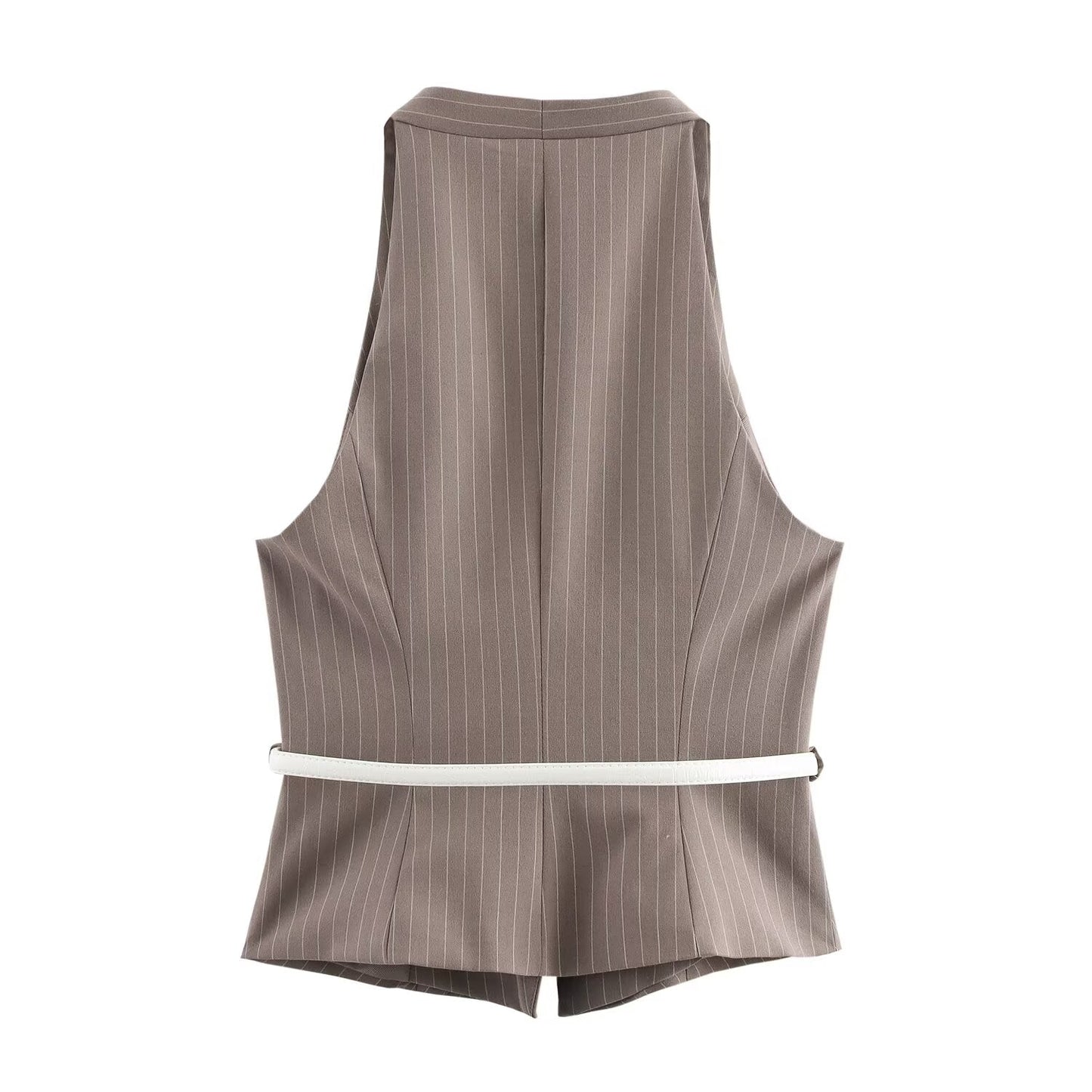 Women's new fashion with Belt pocket decoration casual short striped V Neck vest retro sleeveless button up women's vest chic top
