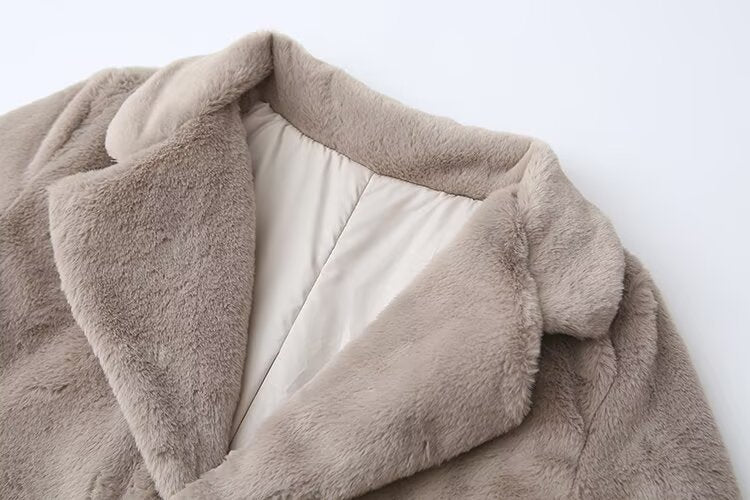 Women's loose thick warm faux fur effect lapel Coat