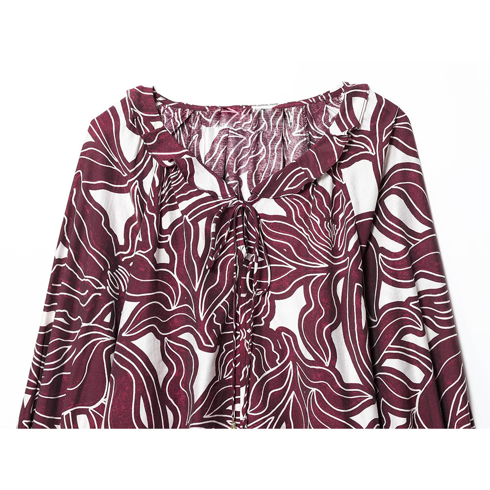 Women's new fashion lace up collar long sleeved printed shirts
