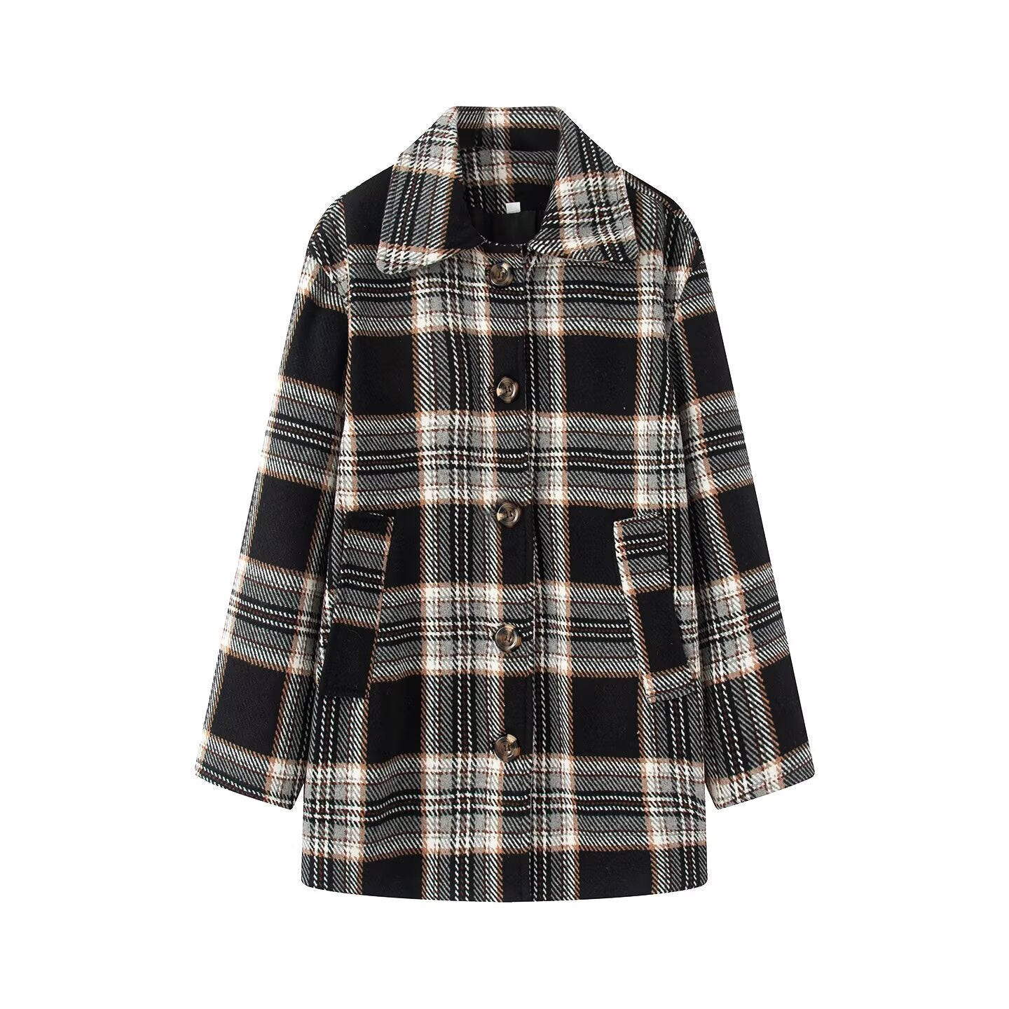 Women's loose single breasted plaid woolen blend Coat
