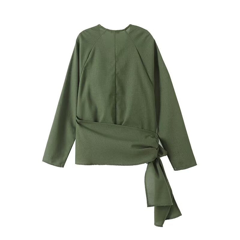 Women's new fashion knot decoration linen blended V-neck shirt