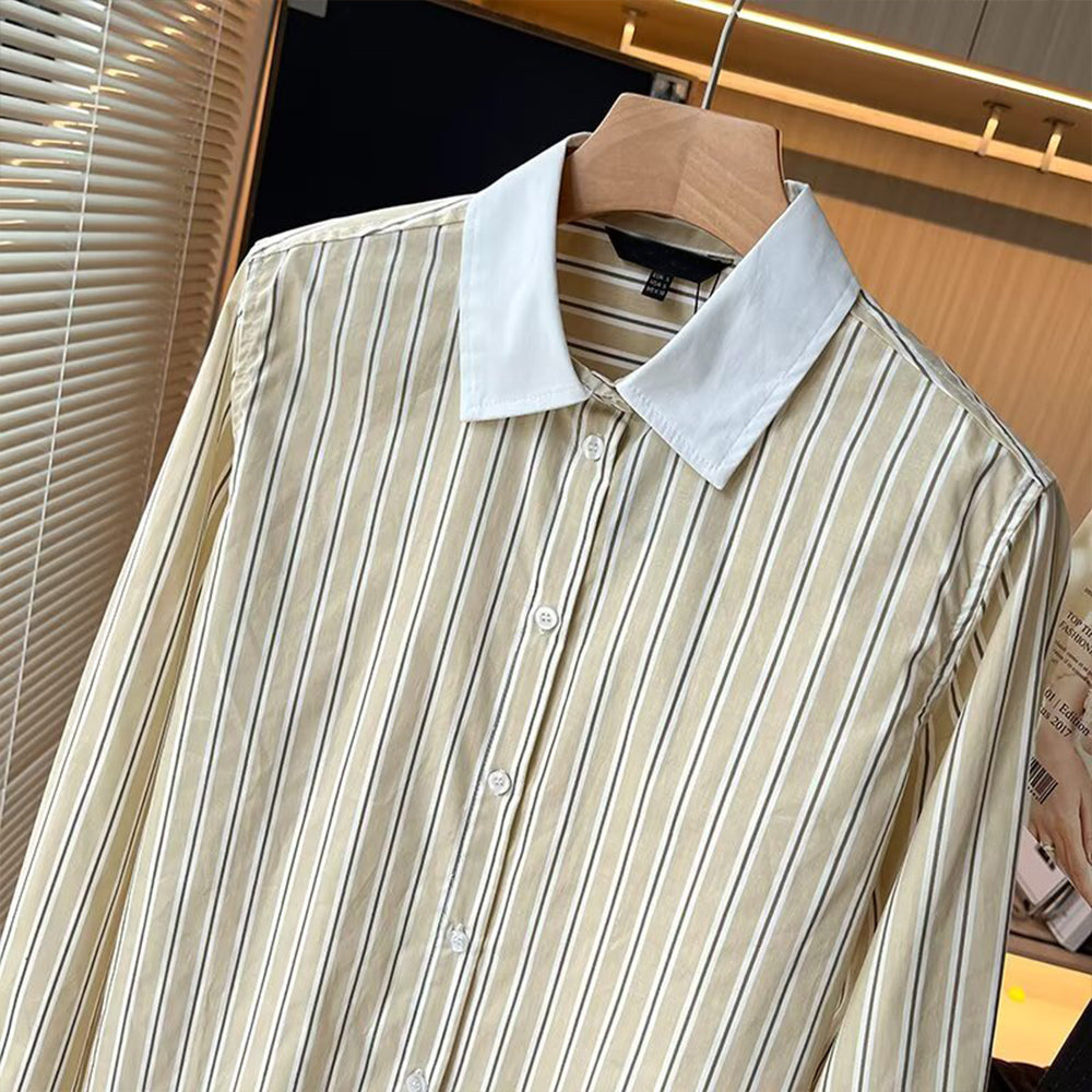 Women's new loose contrasting striped lapel shirt